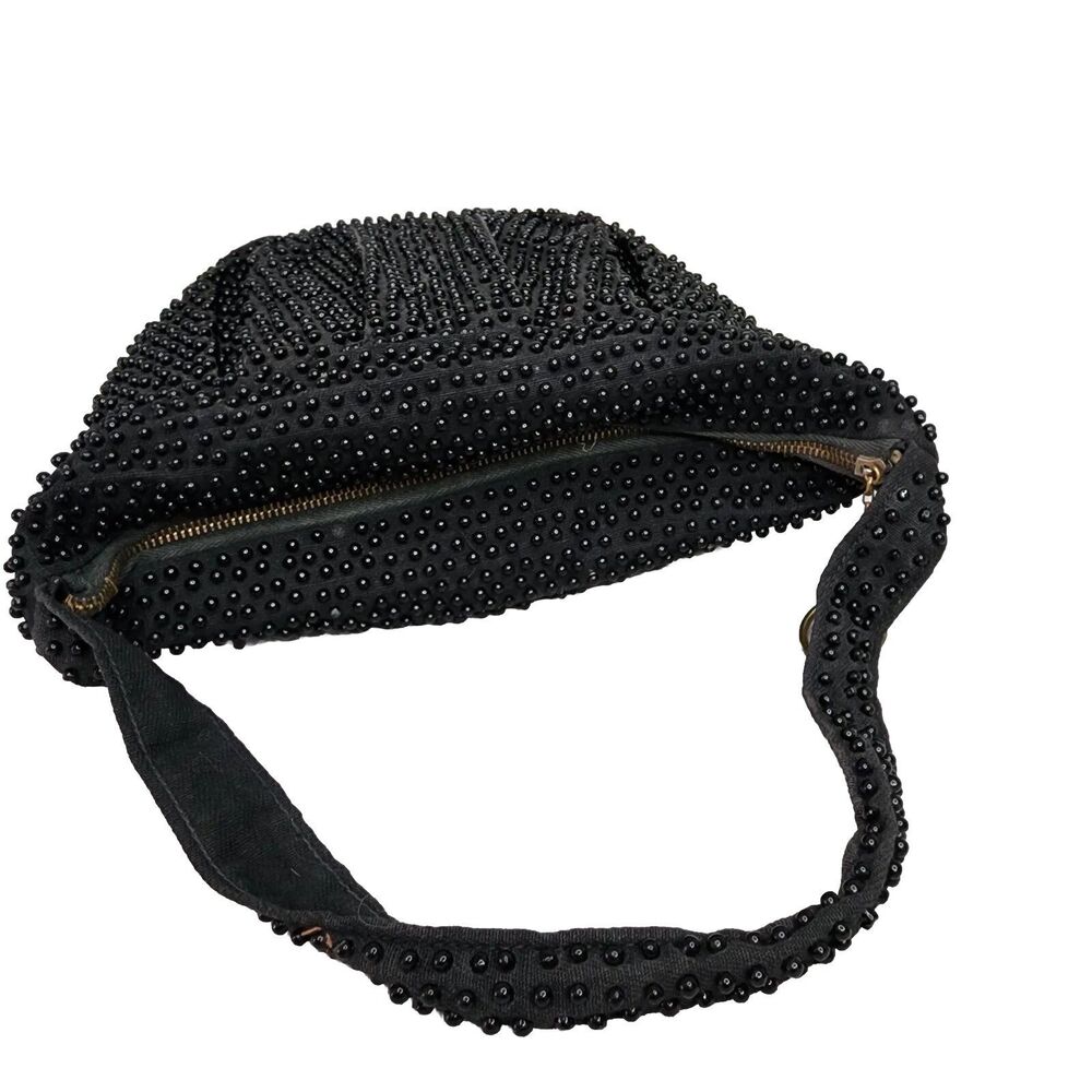 Vintage Plastic Beaded Bag Pleated Satchel Crescent Black Zippered Closure - Picture 8 of 16